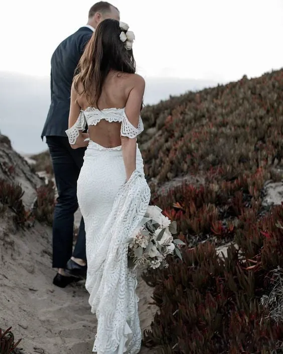 Beach Boho Lace Mermaid Backless Sleeveless White Wedding Gowns sold by KissProm product image thumbnail 2
