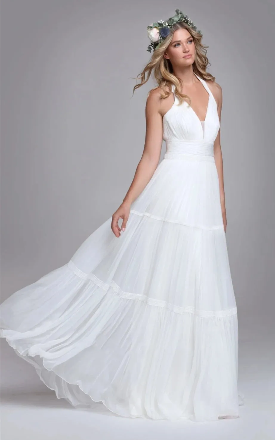Alarica | Bohemian Halter A Line Tulle Brush Train Wedding Dress with Ruching sold by KissProm