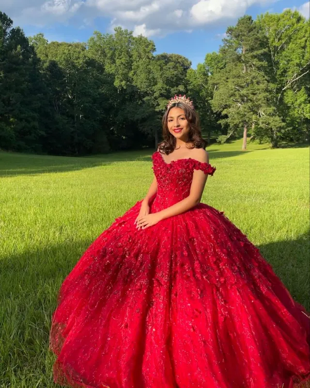 Ball Gown Lace Off-the-Shoulder Red Quinceanera Dress sold by KissProm