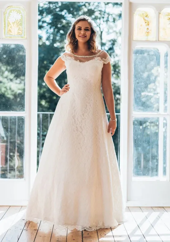 Simple A-Line Bateau Neck Short Sleeve Lace Illusion White Wedding Dress sold by KissProm
