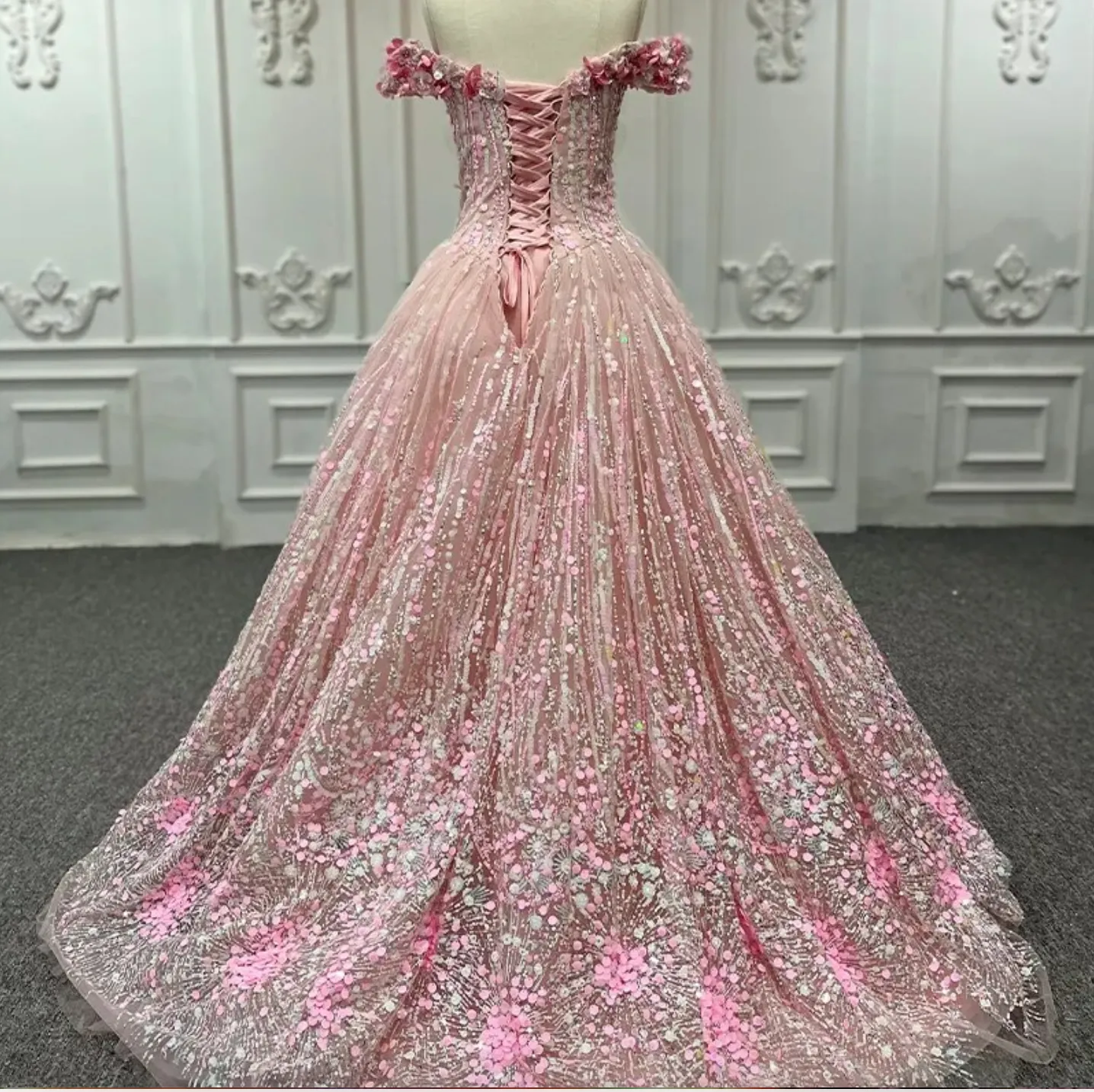 Pink Sequined Off the Shoulder Quinceañera Dress sold by KissProm product image thumbnail 3