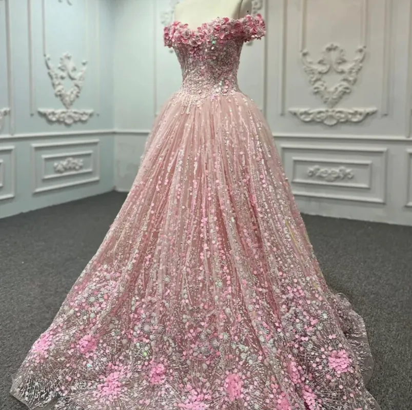 Pink Sequined Off the Shoulder Quinceañera Dress sold by KissProm
