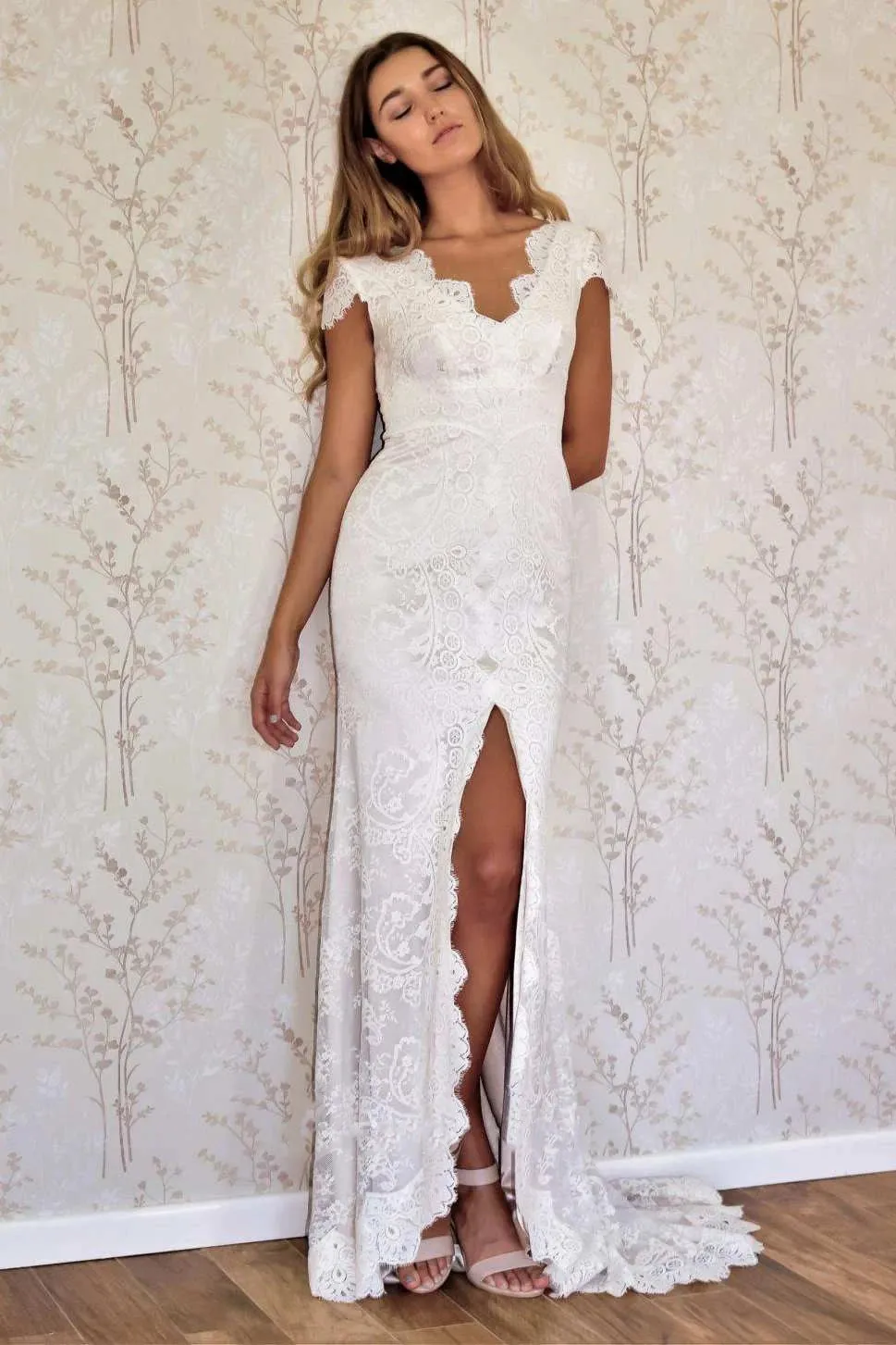 Cap Sleeve Satin Lace Split Mermaid Wedding Dress sold by KissProm