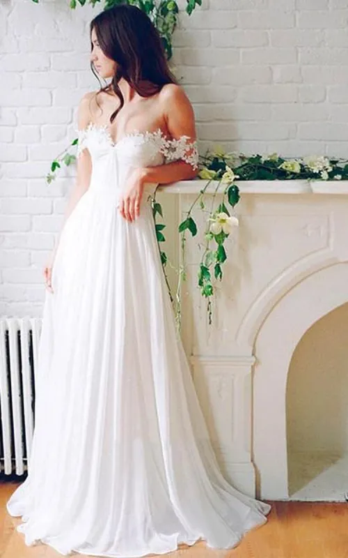 Beach Chiffon A line Floor Length Off-Shoulder Bridal Gown With Pleats sold by KissProm