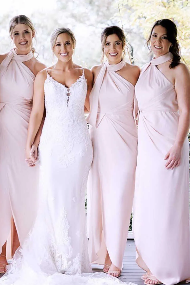 Pink Halter Backless Long Bridesmaid Dress sold by KissProm