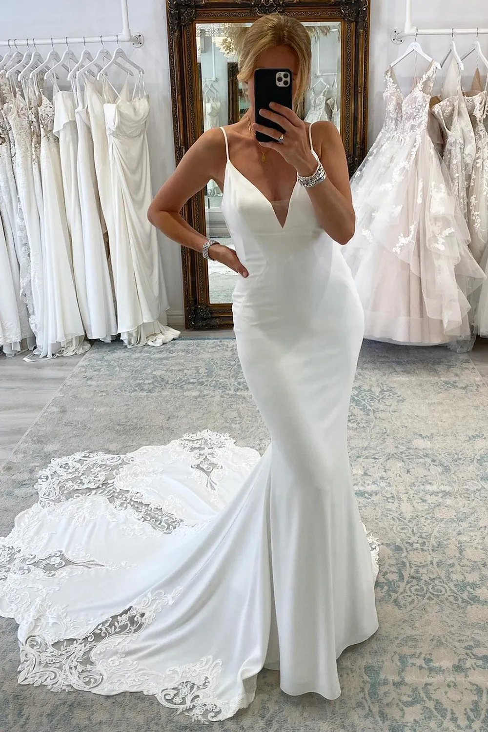 Jayda | White Spaghetti Straps Long Mermaid Boho Wedding Dress with Lace sold by KissProm