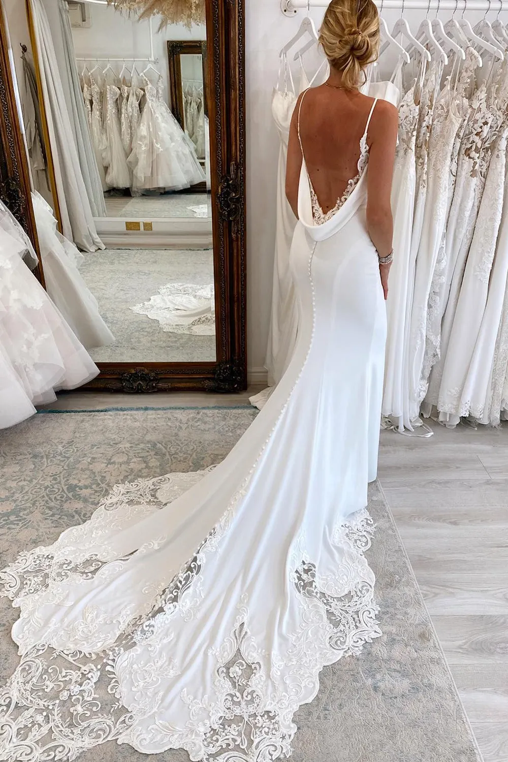 Jayda | White Spaghetti Straps Long Mermaid Boho Wedding Dress with Lace sold by KissProm product image thumbnail 2