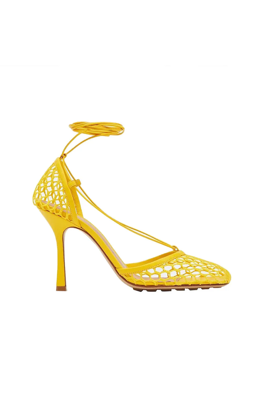 Yellow Stiletto Heel Lace Up Fishnet High Heel Sandals sold by KissProm