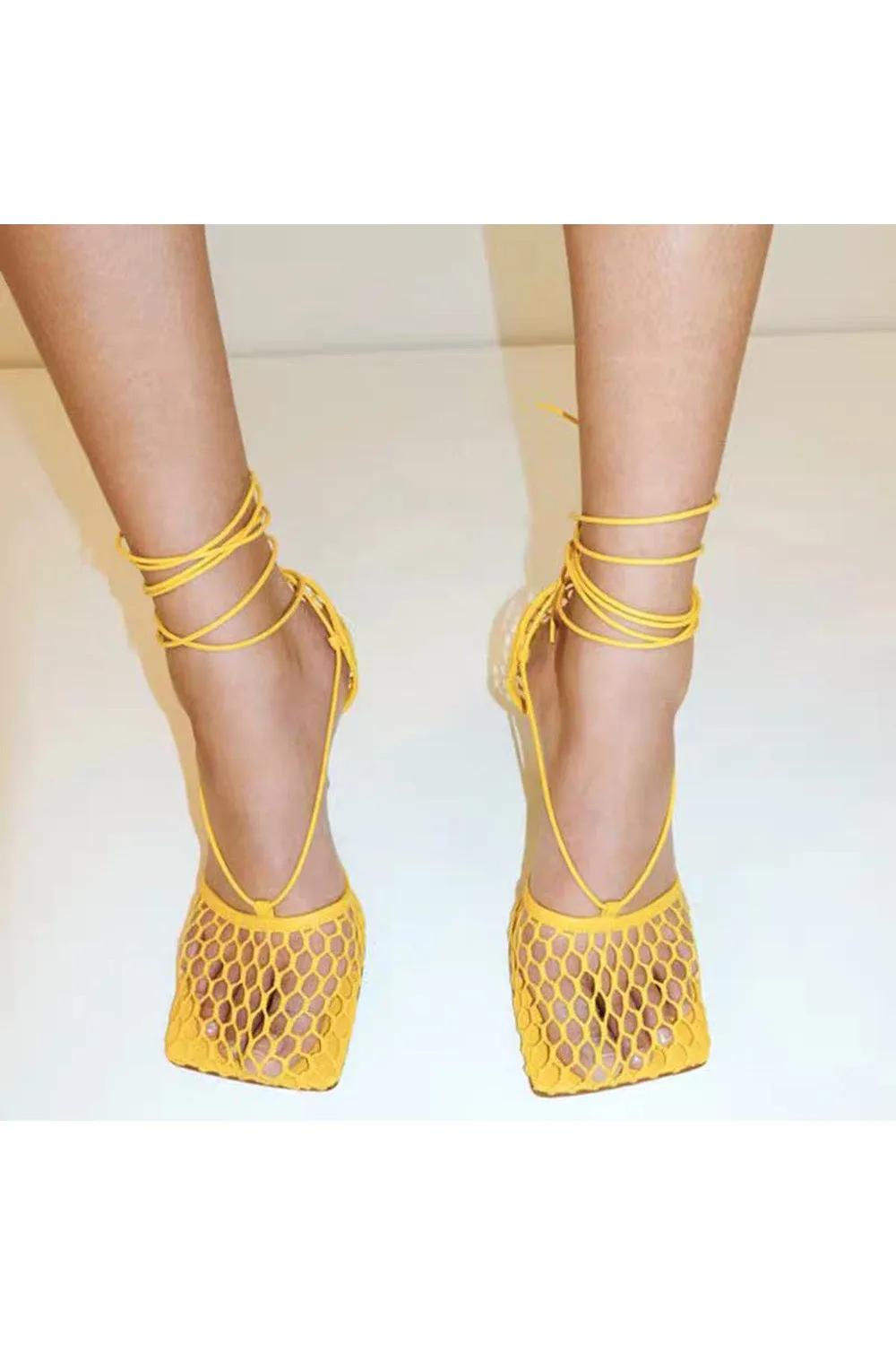 Yellow Stiletto Heel Lace Up Fishnet High Heel Sandals sold by KissProm product image thumbnail 3
