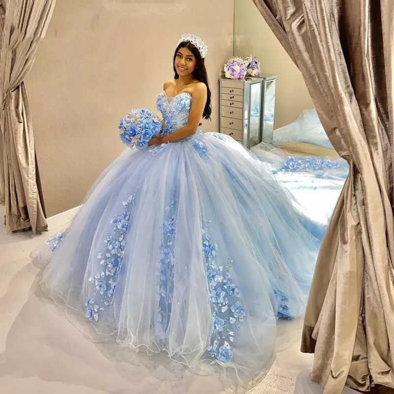 Sky Blue Tulle Ball-Gown Strapless Sleeveless Quinceanera Dresses sold by KissProm