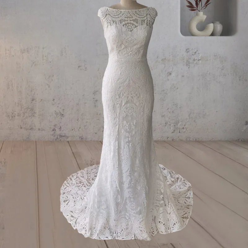 White Mermaid Cap Sleeve Lace Wedding Dress sold by KissProm