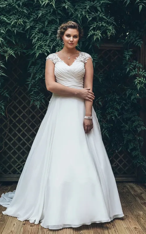 A-Line Long V-Neck Cap Chiffon Appliques Criss Cross Court Train Criss cross Dress sold by KissProm