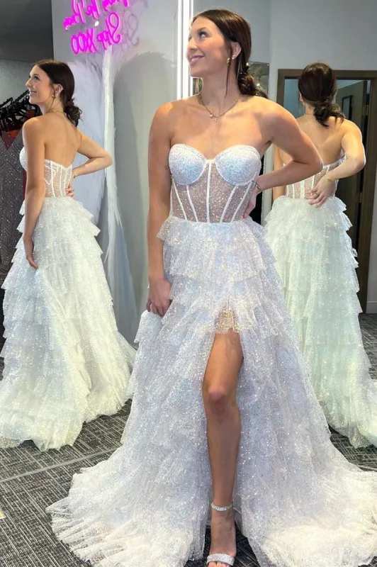 Eleanor | Glitter Tulle Corset Ruffle Tiered Long Prom Dress with Slit sold by KissProm