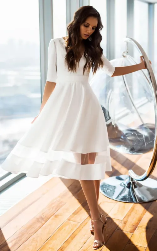 Modern Satin V-neck A Line Tea-length Wedding Dress sold by KissProm