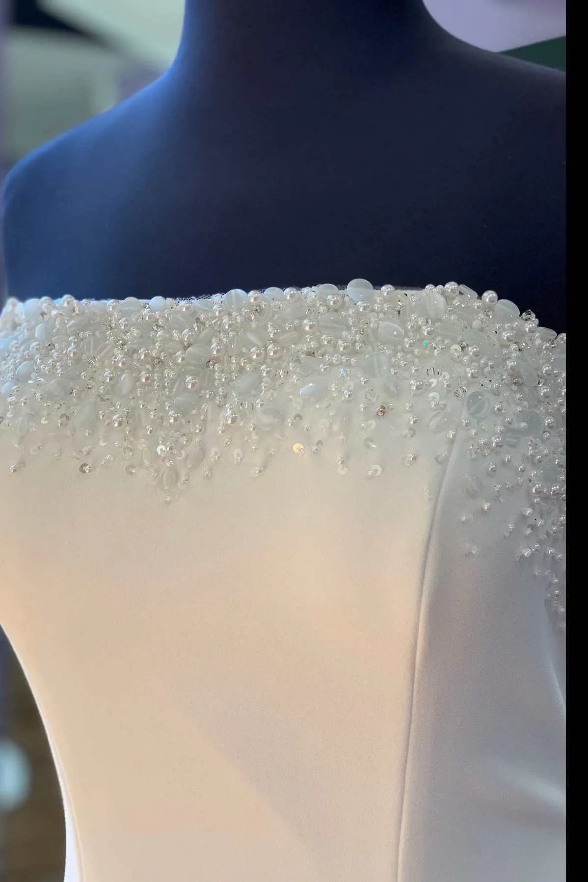 White Beaded Satin Strapless Mermaid Long Wedding Dress sold by KissProm product image thumbnail 3