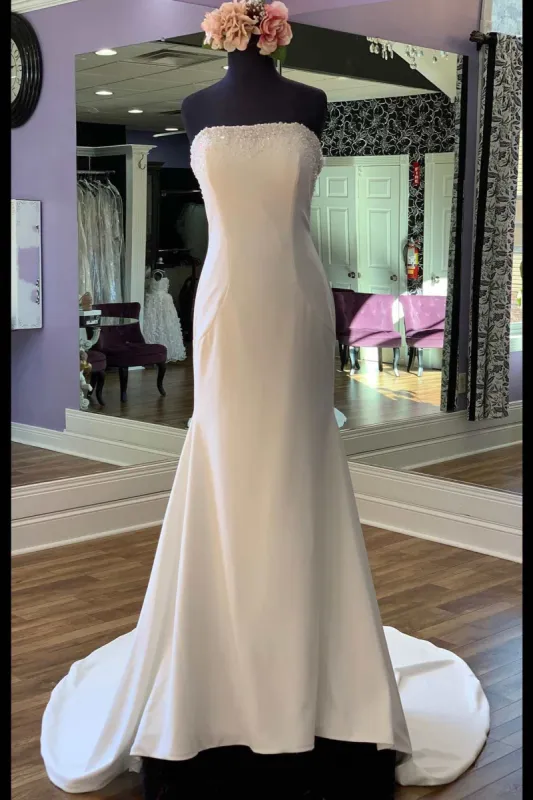 White Beaded Satin Strapless Mermaid Long Wedding Dress sold by KissProm