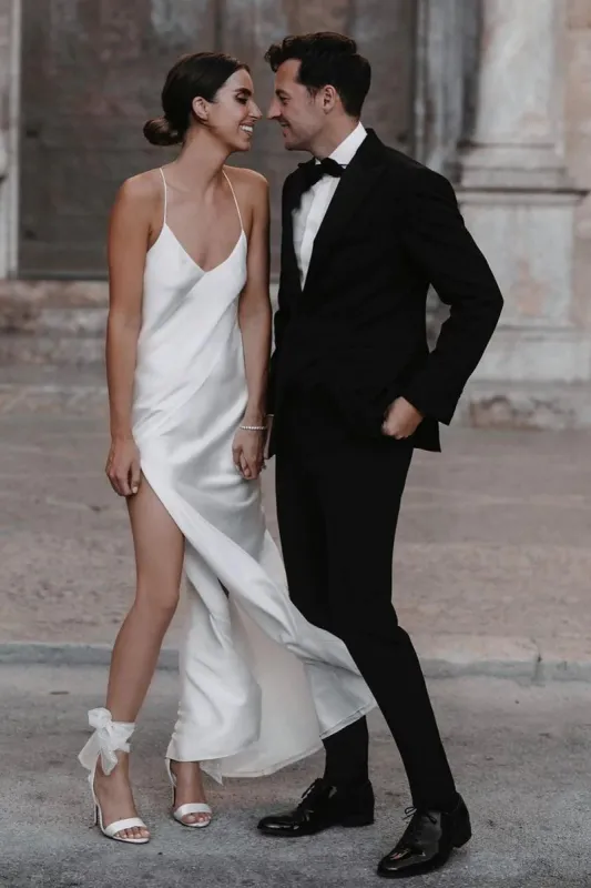 Jovana | Charming Sheath Silk Satin Wedding Dresses with Slit sold by KissProm