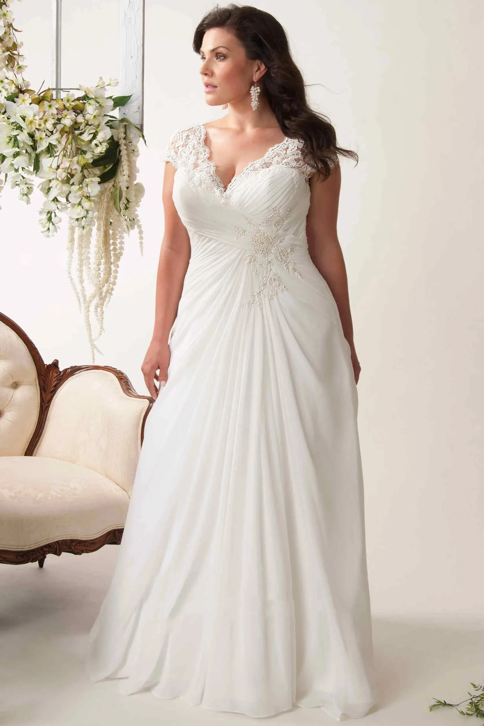 Mirella | Sheath V-Neck Appliqued Cap-Sleeve Chiffon Wedding Dress With Ruching And Keyhole sold by KissProm