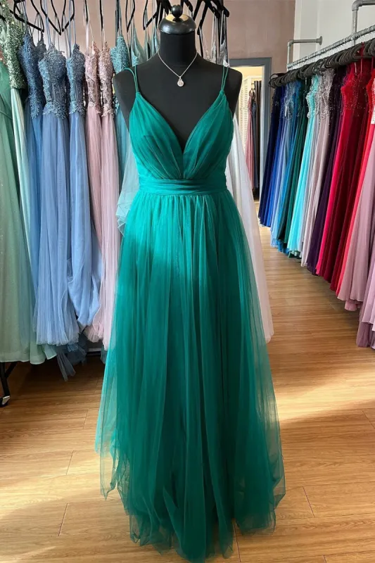 Ada | Hunter Green A-line Plunging V Neck Double Straps Pleated Long Prom Dress sold by KissProm
