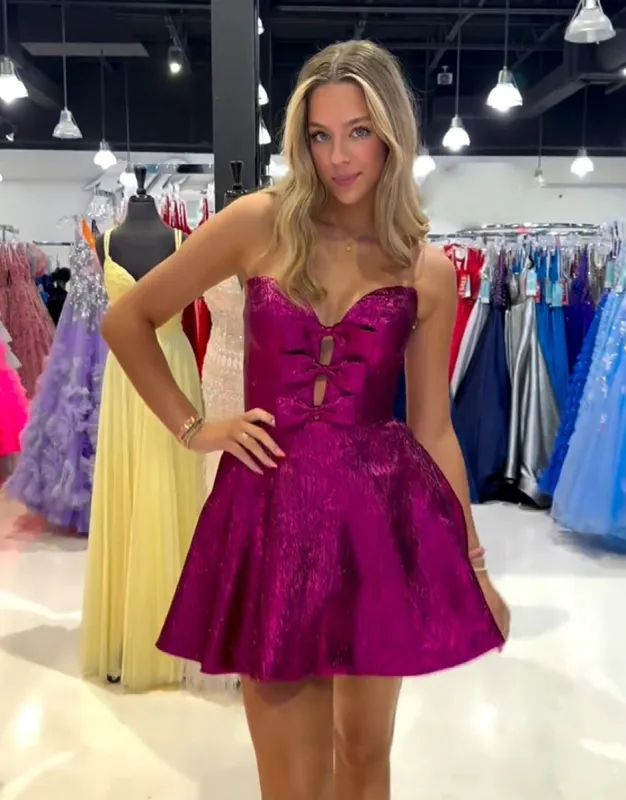 Jalise | Glitter Strapless Peacock Short Homecoming Dress with Bow sold by KissProm