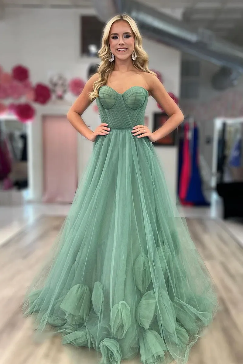 Green Strapless A-Line Tulle Long Prom Dresses sold by KissProm