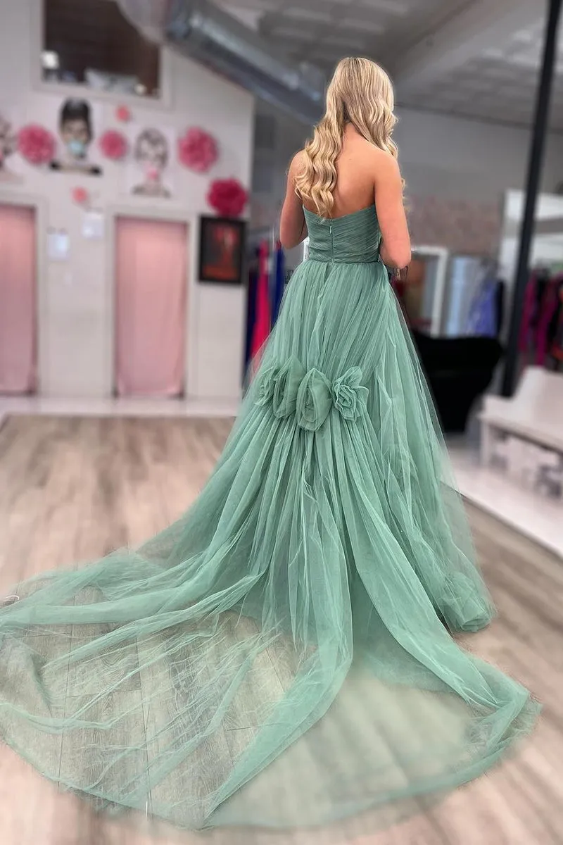 Green Strapless A-Line Tulle Long Prom Dresses sold by KissProm product image thumbnail 2