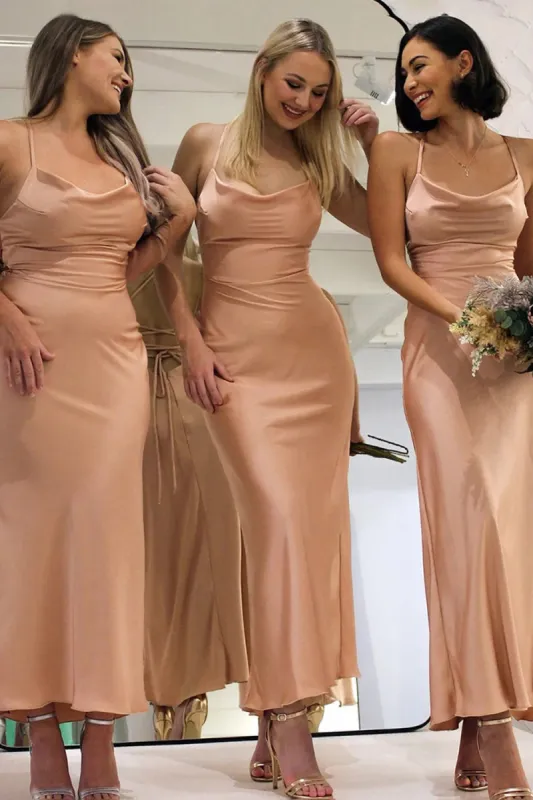 Dusty Rose Satin Sheath Lace-Up Back Bridesmaid Dress sold by KissProm