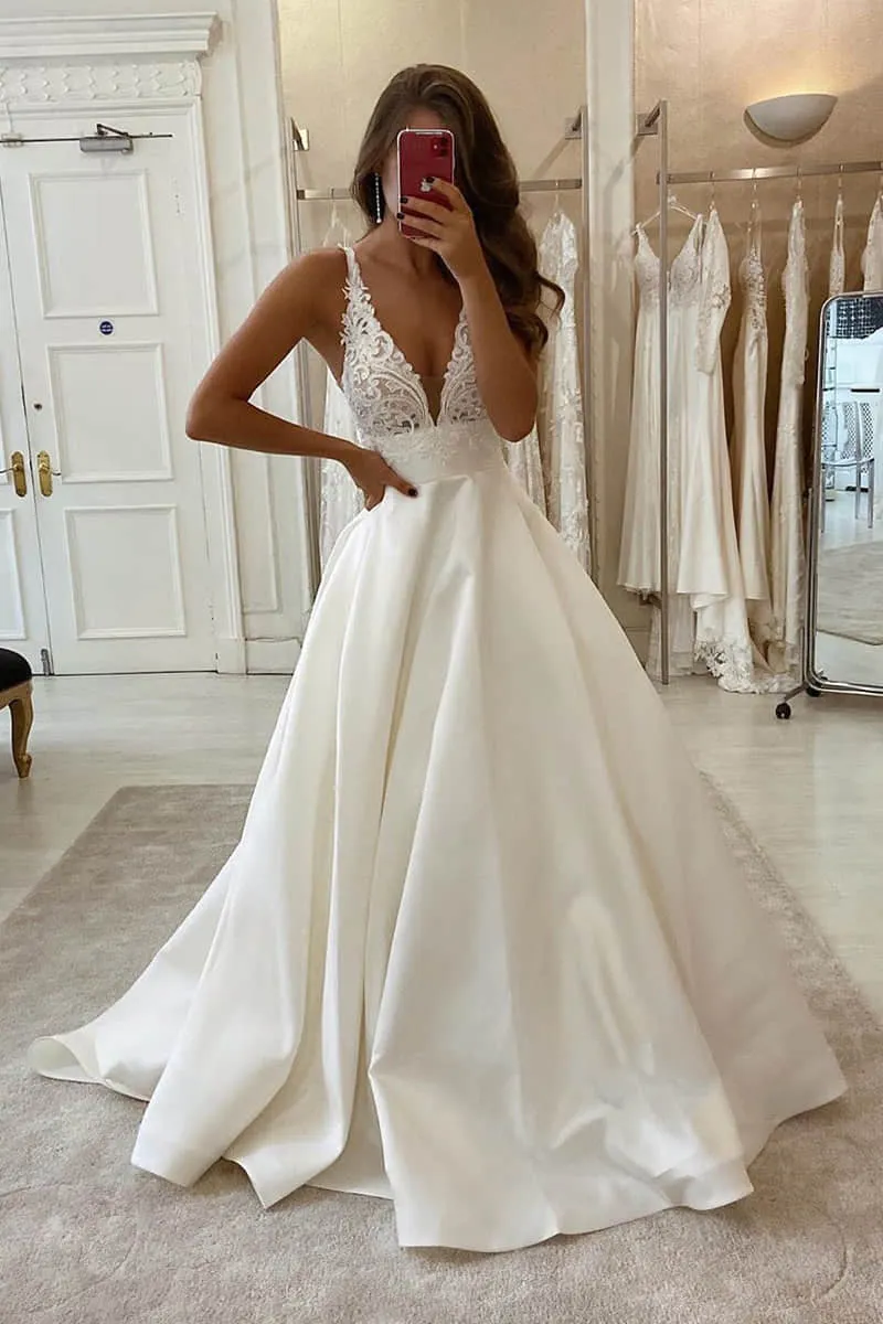 A-Line V-neck Lace Appliques Satin Wedding Dress Bridal Gowns sold by KissProm