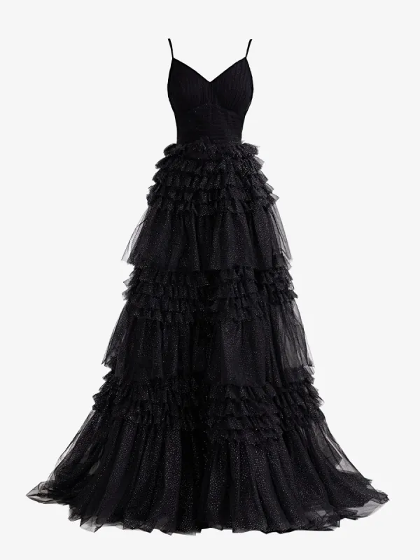 Emerson | Black A-Line Deep V Neck Tiered Long Glitter Tulle Prom Dress sold by KissProm