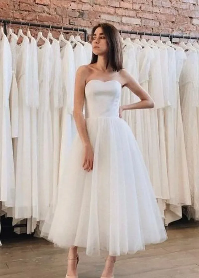 Backless Strapless A-Line Short Bridal Gown with Tea-Length Tulle Skirt sold by KissProm