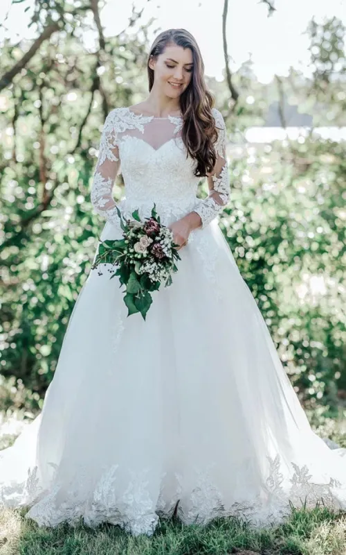 Vintage Lace Tulle Bateau Ball Gown Court Train Wedding Dress with Appliques sold by KissProm