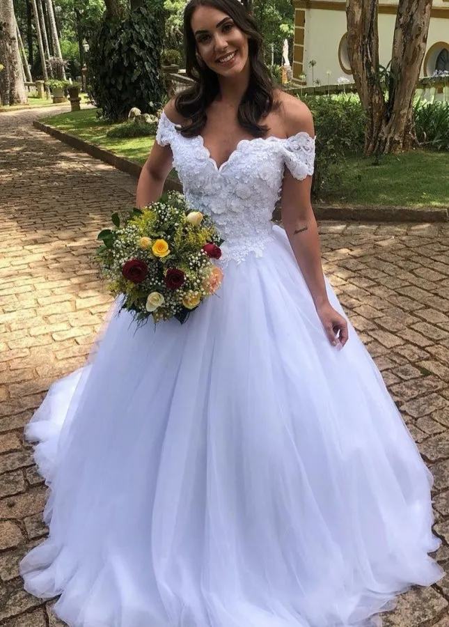 Off-the-shoulder Lace Appliques A-Line White Tulle Bridal Wedding Gown sold by KissProm