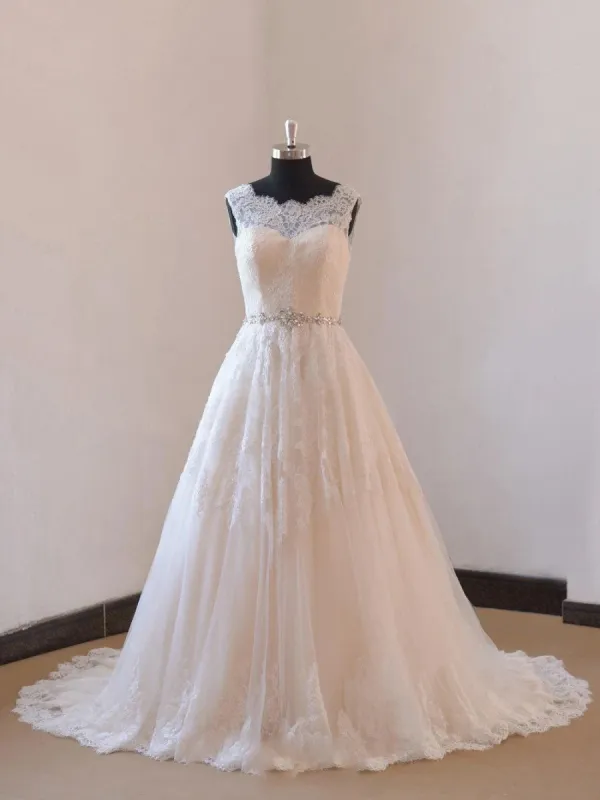 Ivory a Line Champange Blush Lining Lace Wedding Dress With Illusion Neckline sold by KissProm