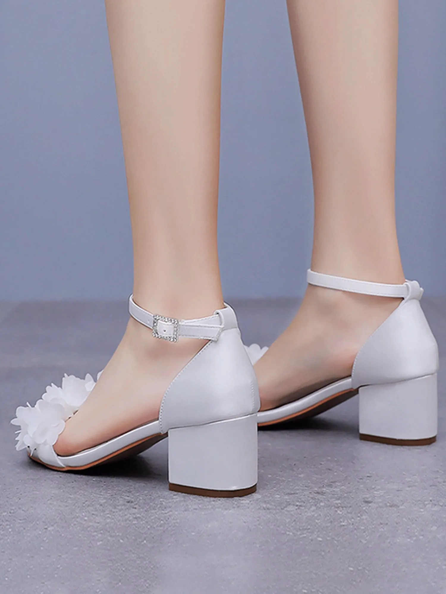 White Floral Satin Open Toe Low Chunky Heels sold by KissProm product image thumbnail 5