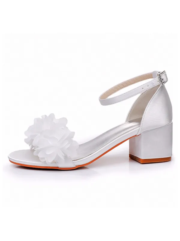White Floral Satin Open Toe Low Chunky Heels sold by KissProm
