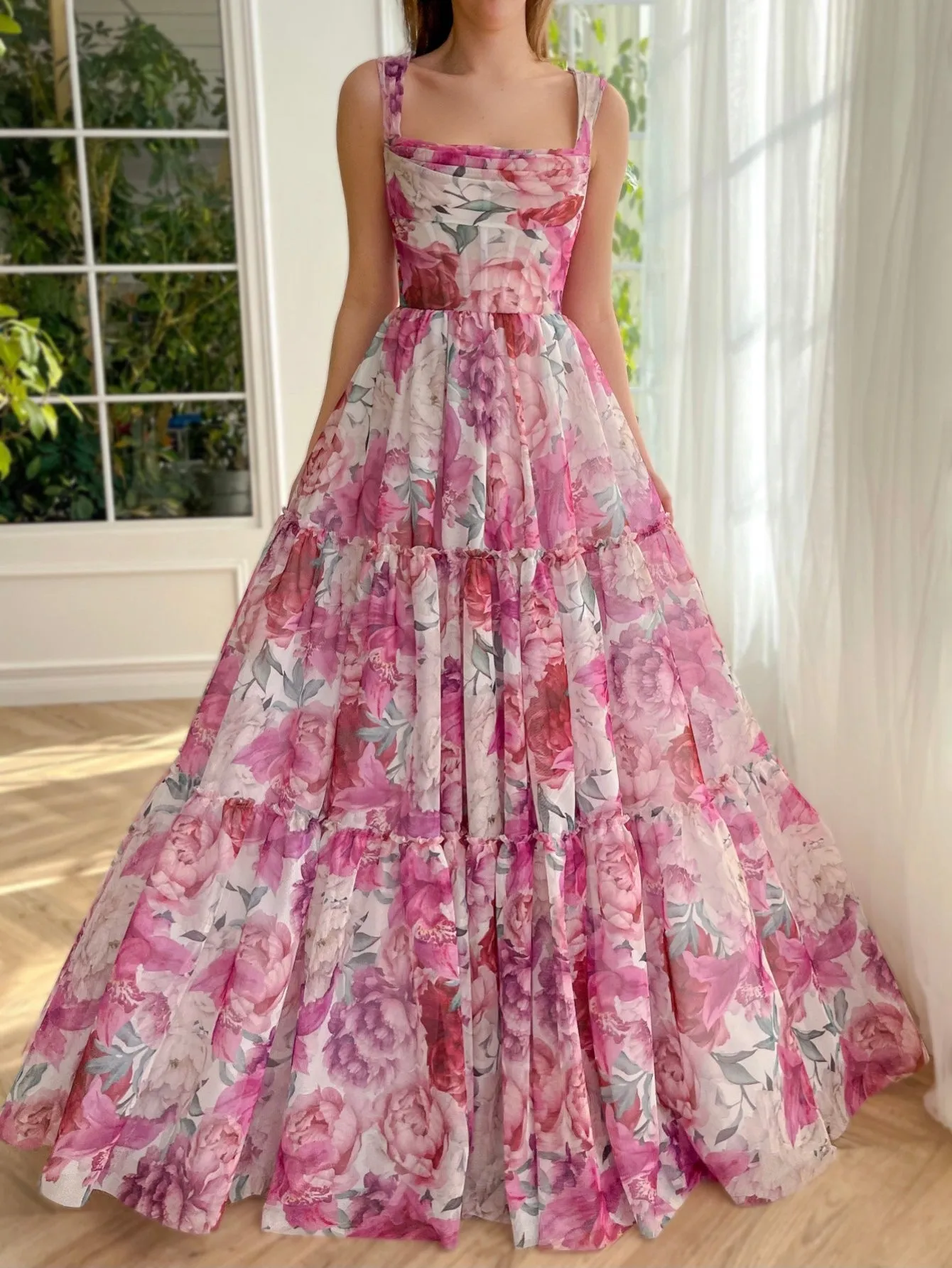 A Line Floral Pink Long Prom Dress sold by KissProm