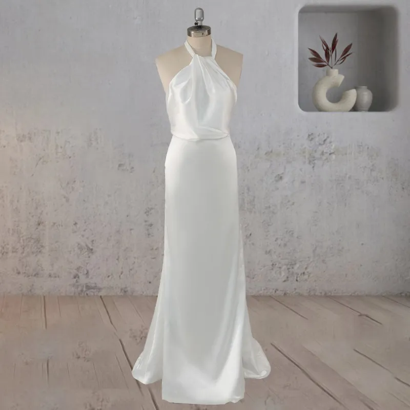Sheath Satin Backless Halter Wedding Dress sold by KissProm