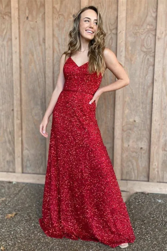 Spaghetti Straps Red Sequins Long Prom Dress sold by KissProm