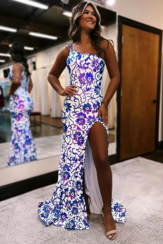 Mermaid One Shoulder Sequin Appliques Long Prom Dresses with Slit sold by KissProm