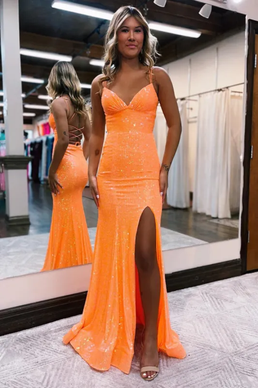 Sparkly Orange Sequins Mermaid Long Prom Dress made by KissProm