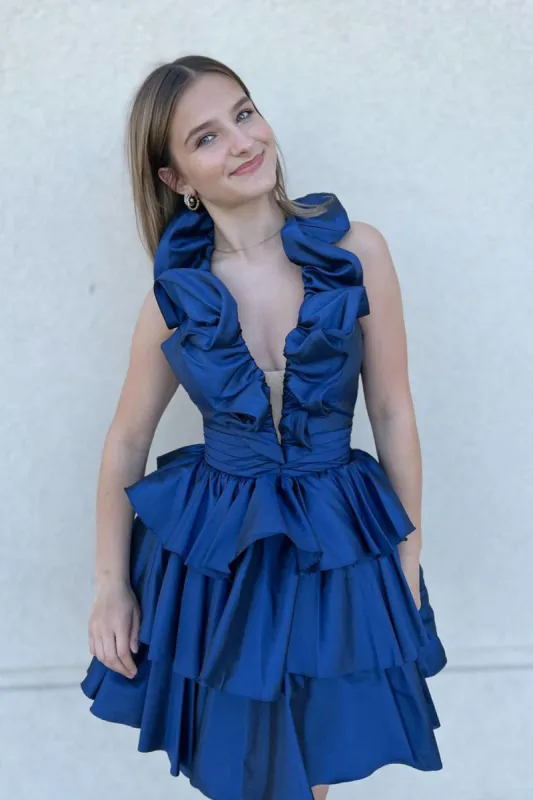 Irisia | A-Line Deep V-Neck Satin Short Homecoming Dress with Ruffles sold by KissProm