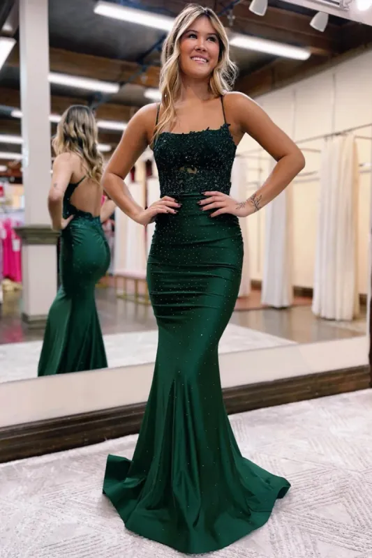 Jimena | Mermaid Spaghetti Straps Dark Green Long Prom Dress with Appliques sold by KissProm