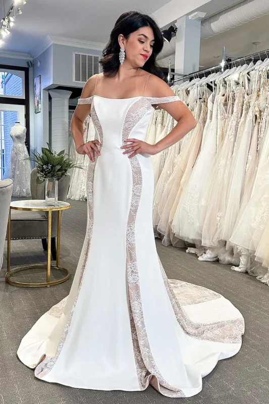 Simple Mermaid Off The Shoulder Satin Wedding Dresses with Appliques sold by KissProm