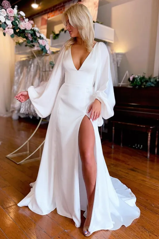 Clover | White Satin Simple A-Line Long Wedding Dress with Slit sold by KissProm
