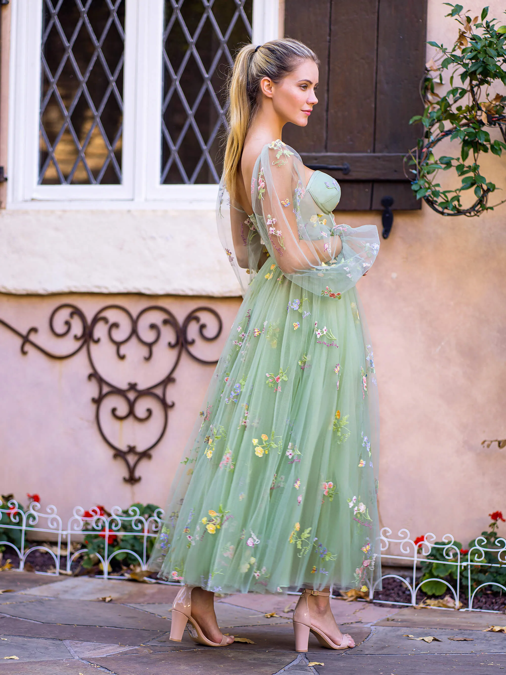 Sweetheart Embroidery Tea-Length Tulle Puff Sleeves Floral Corset Prom Dress sold by KissProm product image thumbnail 3