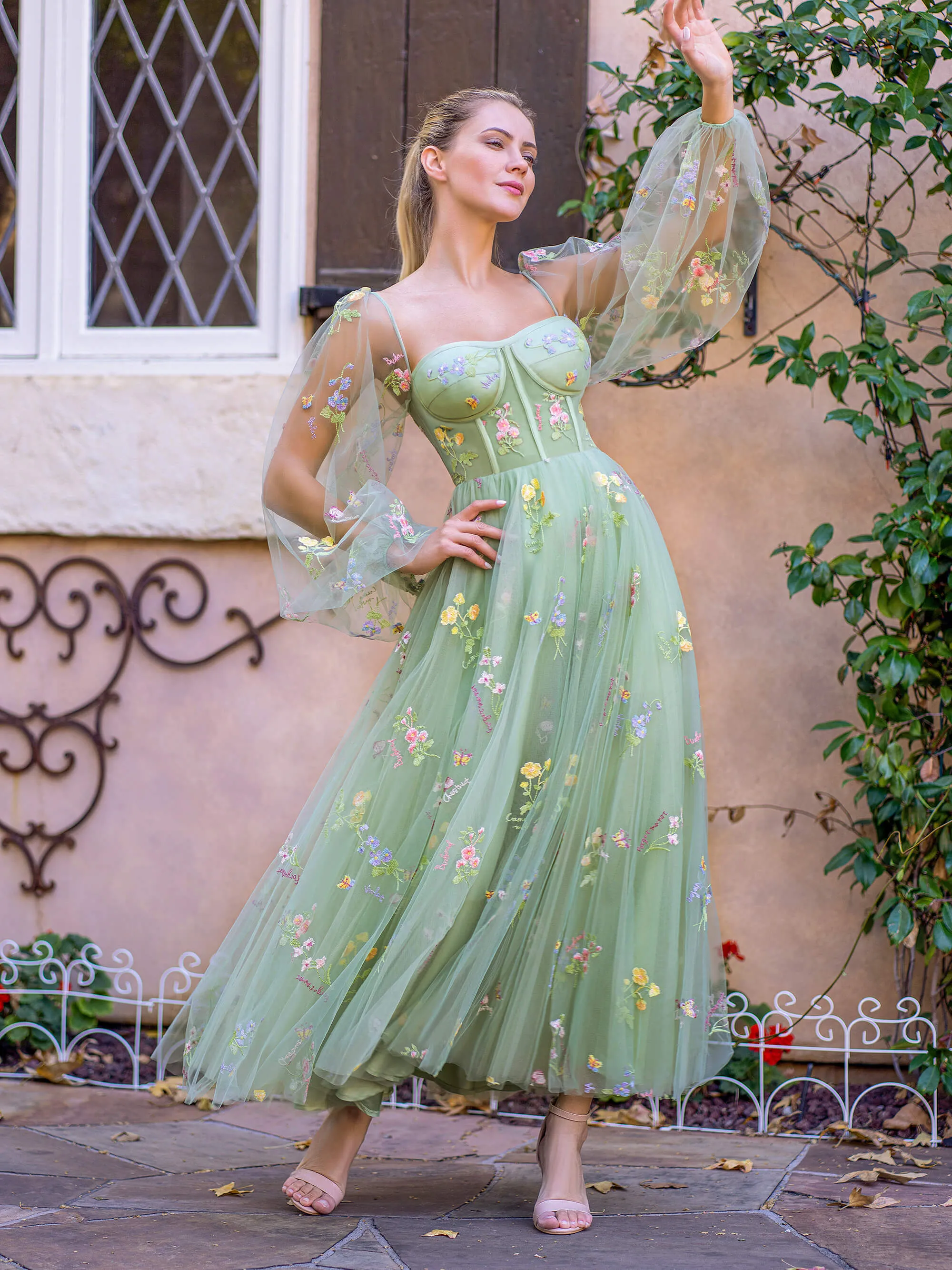 Sweetheart Embroidery Tea-Length Tulle Puff Sleeves Floral Corset Prom Dress sold by KissProm product image thumbnail 4