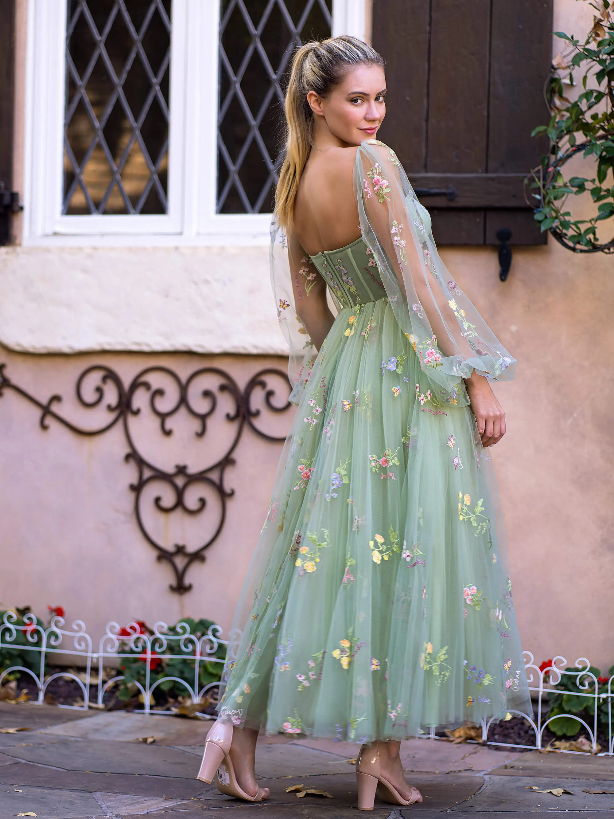 Sweetheart Embroidery Tea-Length Tulle Puff Sleeves Floral Corset Prom Dress sold by KissProm product image thumbnail 2