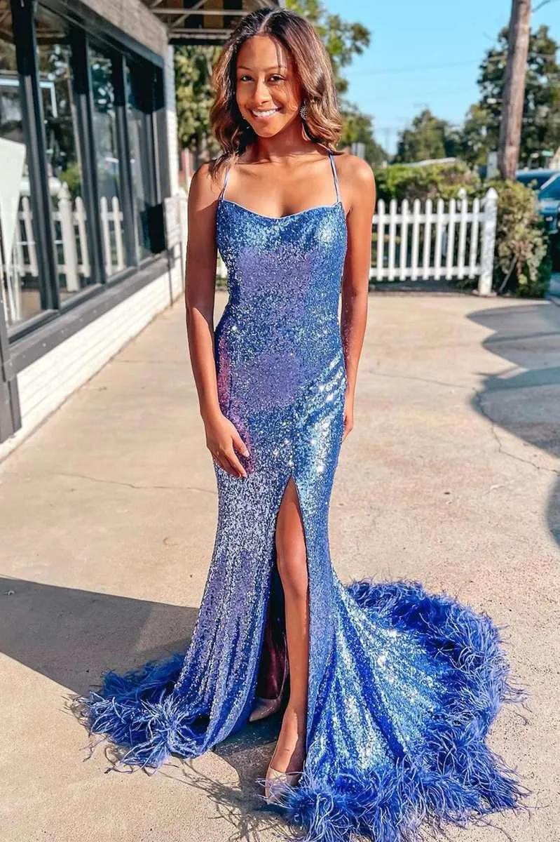 Annie | Blue Sequin Feather Lace-Up Back Mermaid Long Prom Dress with Slit sold by KissProm