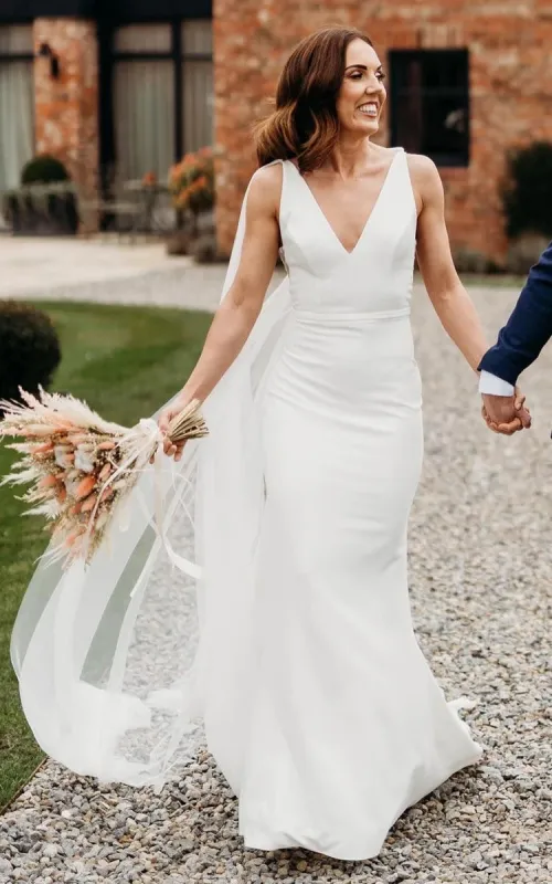 Simple Casual Trumpet V-neck Sleeveless Wedding Dress for Women Floor-length with V Back Long Train sold by KissProm