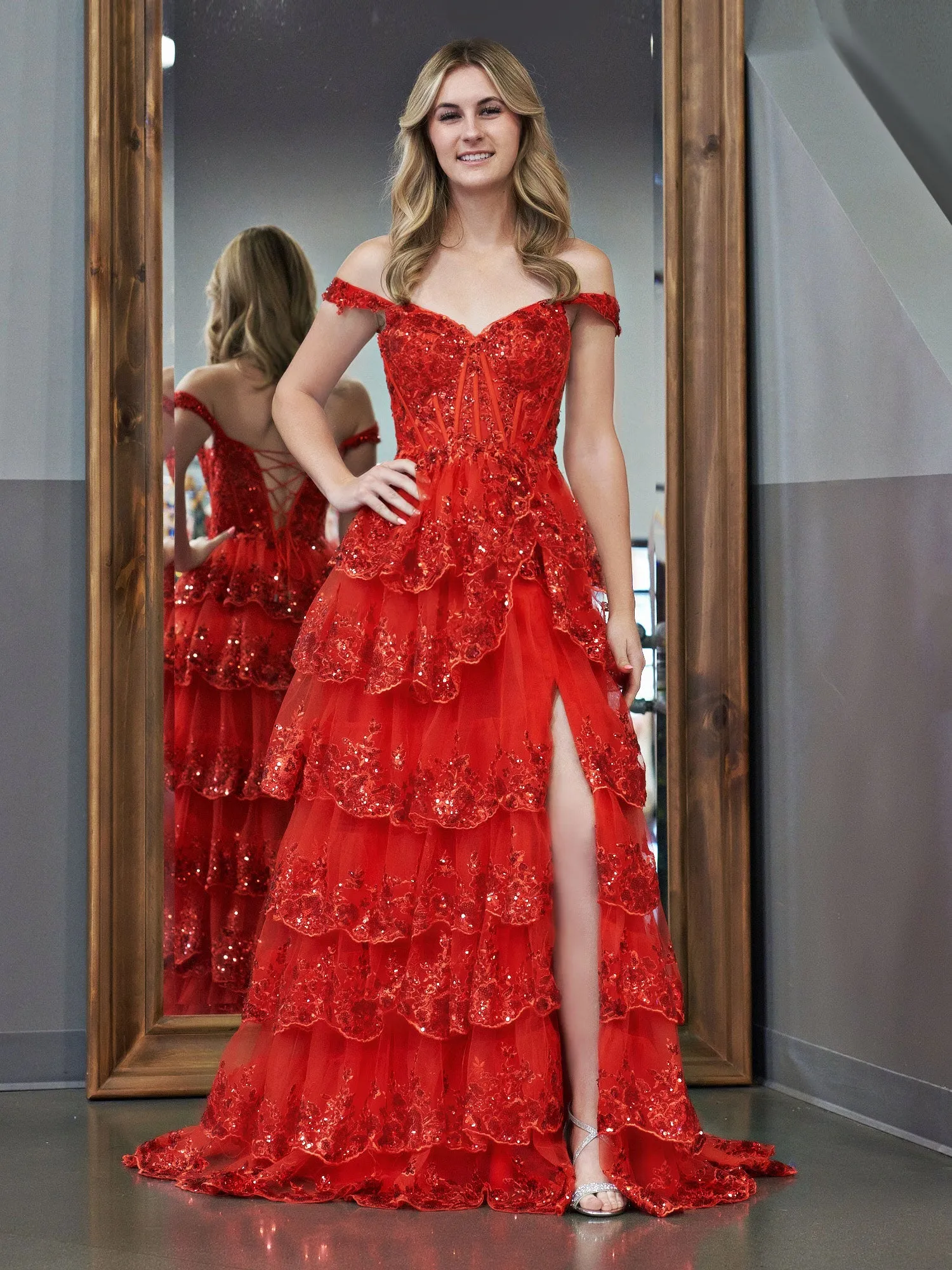 Red Princess A Line Off the Shoulder Corset Prom Dress with Lace Ruffles sold by KissProm product image thumbnail 4